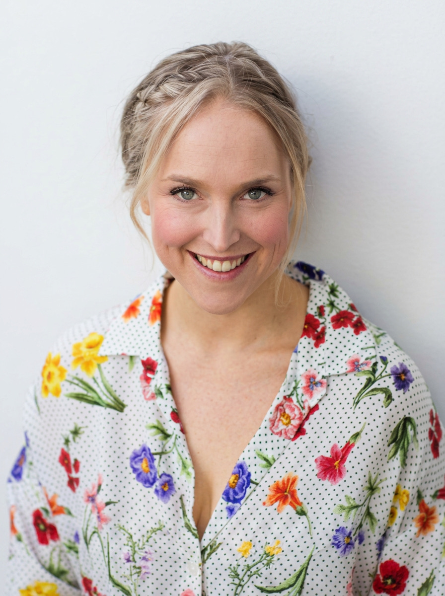 Portrait of Danielle Shine, dietitian and chef, smiling and wearing a colourful floral shirt